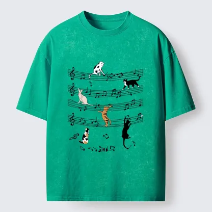 Tokyo-Tiger Cats On Musical Notes Washed T-Shirt