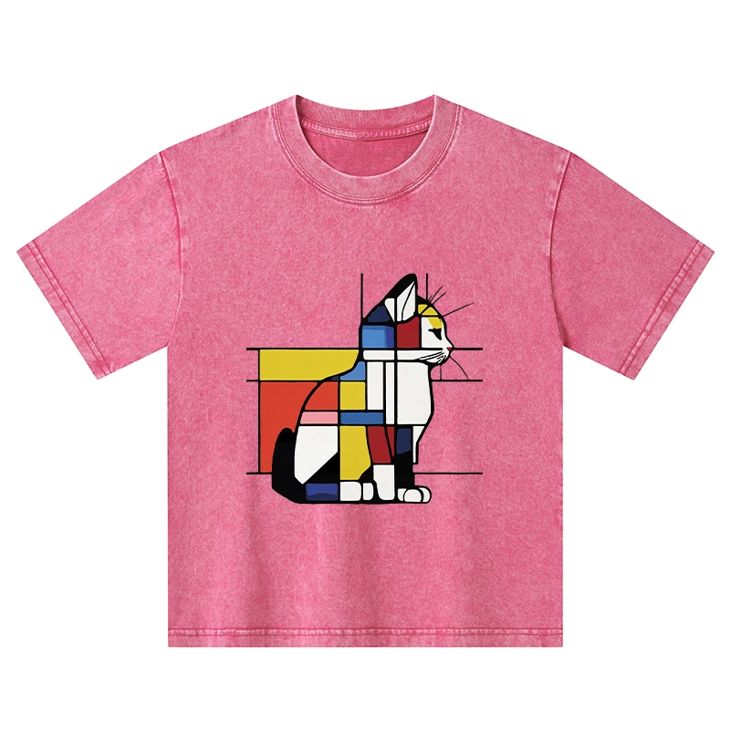Tokyo-Tiger Geometric Cat Art In Primary Colors Kids Washed T-Shirt