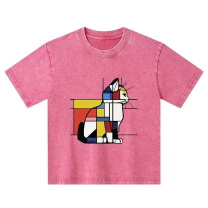 Tokyo-Tiger Geometric Cat Art In Primary Colors Kids Washed T-Shirt