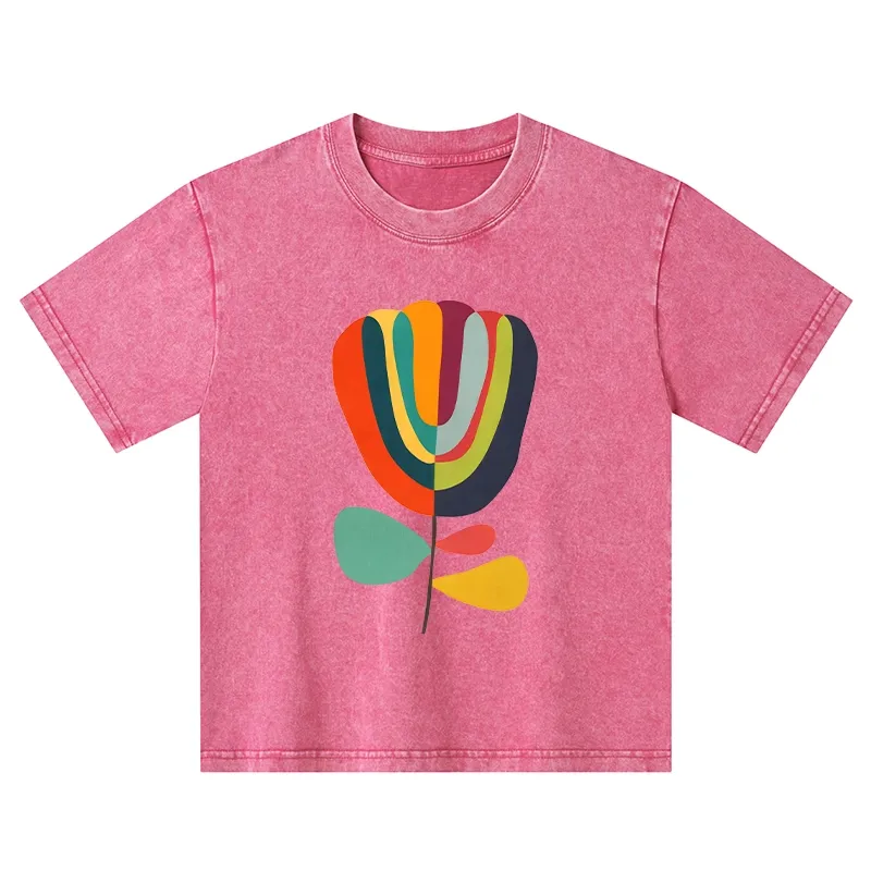 Tokyo-Tiger Colorful Flower Minimalist Print Kids Washed T-Shirt