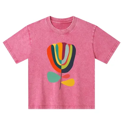 Tokyo-Tiger Colorful Flower Minimalist Print Kids Washed T-Shirt