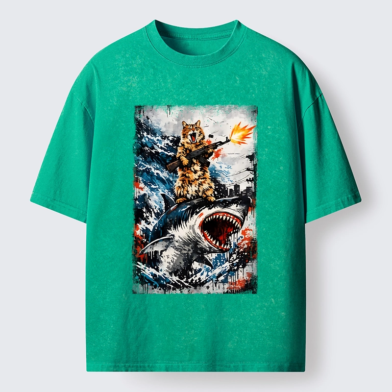 Tokyo-Tiger Cat Riding A Shark With A Gun Washed T-Shirt