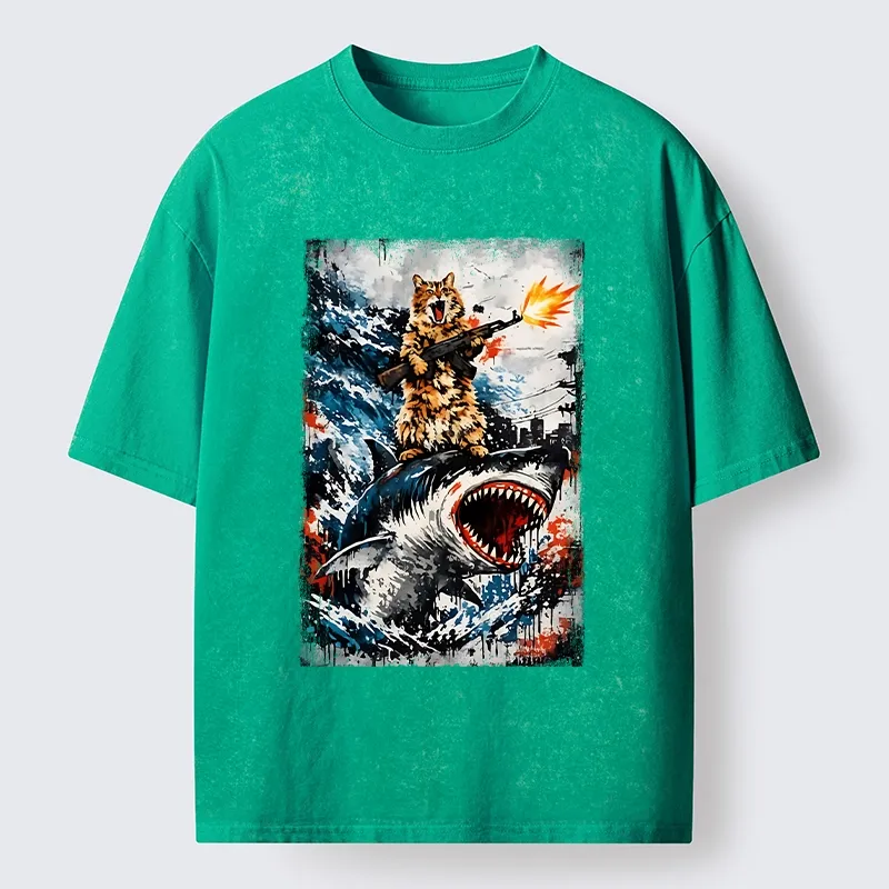 Tokyo-Tiger Cat Riding A Shark With A Gun Washed T-Shirt