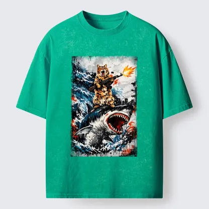Tokyo-Tiger Cat Riding A Shark With A Gun Washed T-Shirt