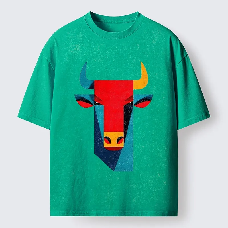 Tokyo-Tiger Geometric Bull Head Art Washed T-Shirt