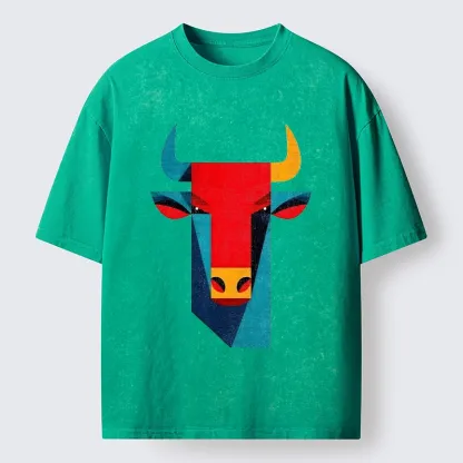 Tokyo-Tiger Geometric Bull Head Art Washed T-Shirt