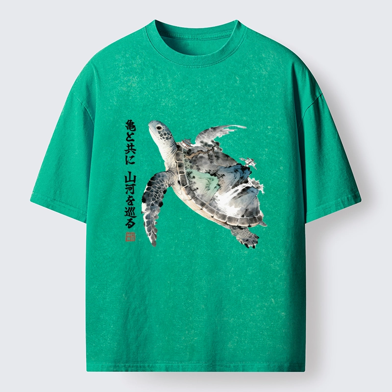 Tokyo-Tiger Ink Wash Sea Turtle Art Washed T-Shirt