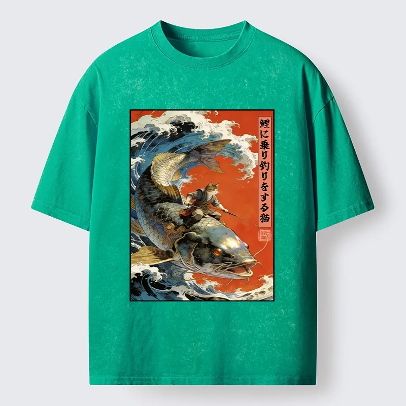 Tokyo-Tiger Ukiyo E Cat Fishing Art Washed T-Shirt