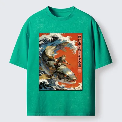 Tokyo-Tiger Ukiyo E Cat Fishing Art Washed T-Shirt