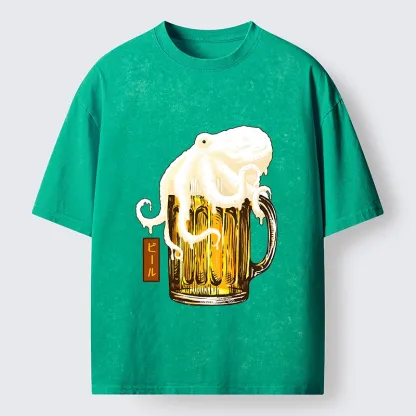 Tokyo-Tiger Octopus Foam On Cold Beer Mug Washed T-Shirt