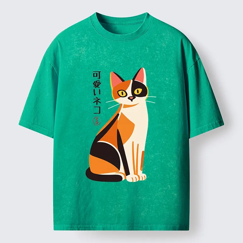 Tokyo-Tiger Cute Calico Cat Japanese Minimal Art Washed T-Shirt