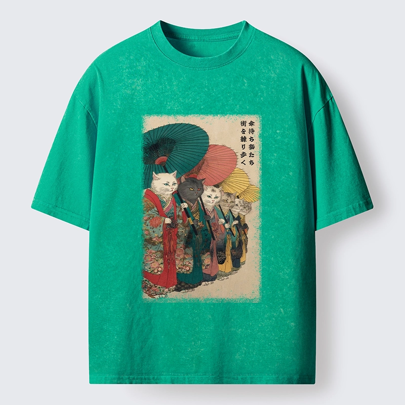 Tokyo-Tiger Kimono Cats Walk With Colorful Umbrellas Washed T-Shirt