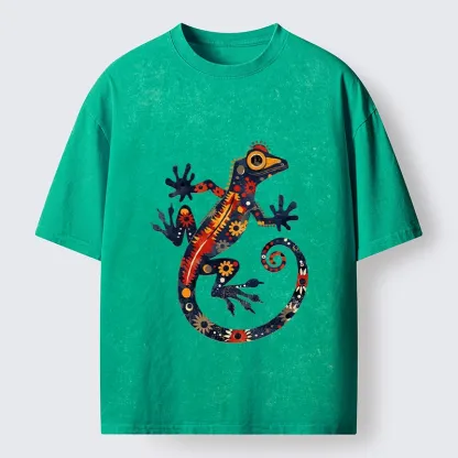 Tokyo-Tiger Colorful Folk Art Gecko Full Of Flowers Washed T-Shirt