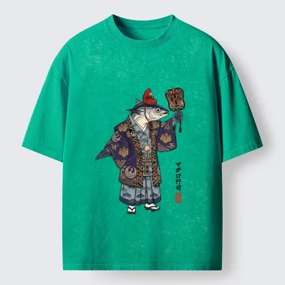Tokyo-Tiger Fish Chef Holds Decorative Hand Fan Washed T-Shirt