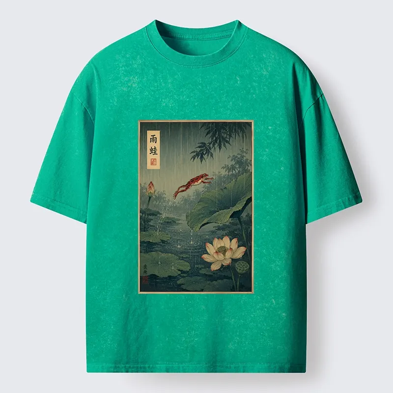 Tokyo-Tiger Vintage Asian Frog Jump Over Lotus Leaf Washed T-Shirt