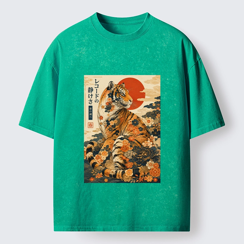 Tokyo-Tiger Vintage Floral Tiger Japanese Spring Art Washed T-Shirt