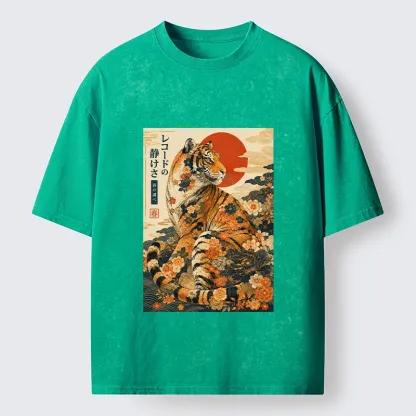 Tokyo-Tiger Vintage Floral Tiger Japanese Spring Art Washed T-Shirt