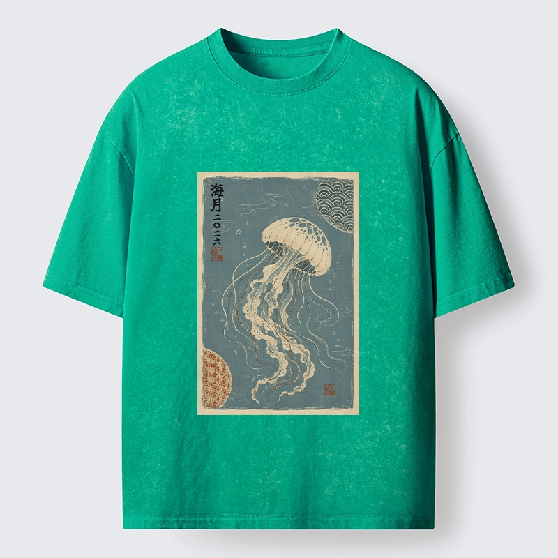 Tokyo-Tiger Vintage Blue Jellyfish Underwater Art Washed T-Shirt