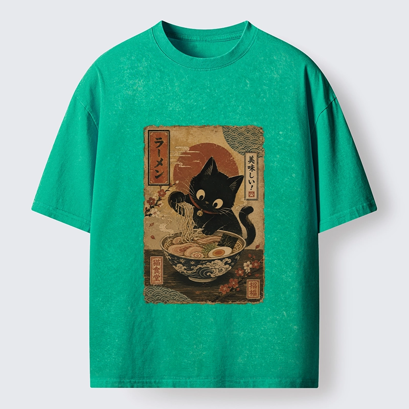 Tokyo-Tiger Japanese Cat Ramen Shop Poster Washed T-Shirt