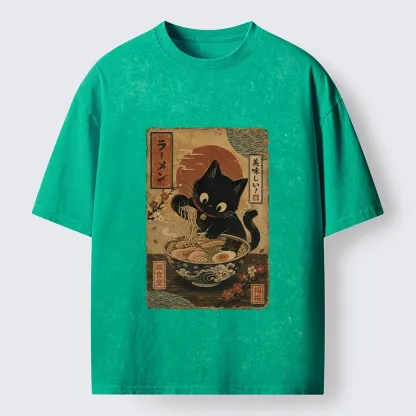 Tokyo-Tiger Japanese Cat Ramen Shop Poster Washed T-Shirt