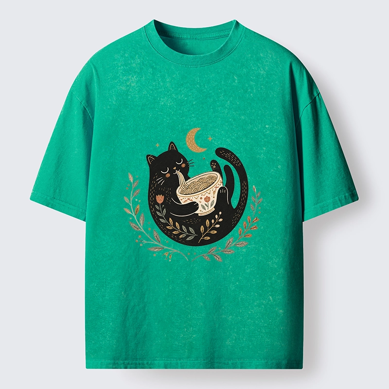 Tokyo-Tiger Soft Cute Black Cat Eat Noodle At Moon Washed T-Shirt