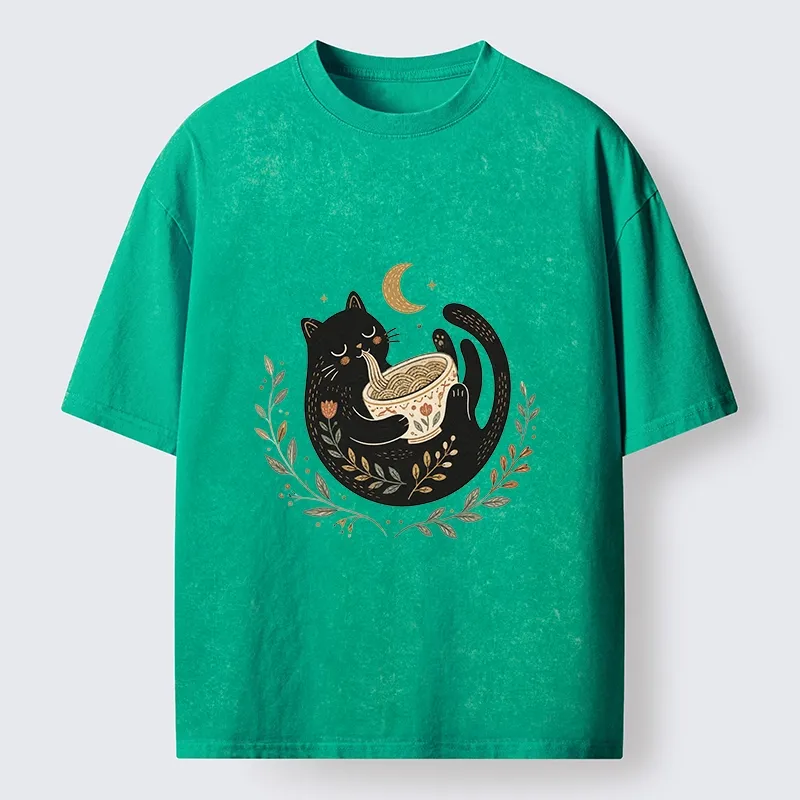 Tokyo-Tiger Soft Cute Black Cat Eat Noodle At Moon Washed T-Shirt