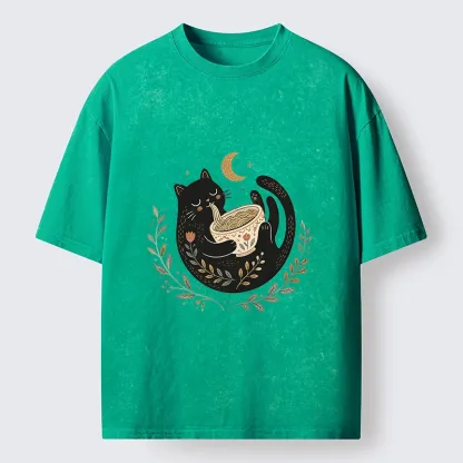 Tokyo-Tiger Soft Cute Black Cat Eat Noodle At Moon Washed T-Shirt