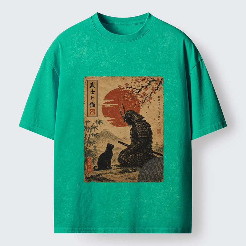 Tokyo-Tiger Samurai And Black Cat Mountain Washed T-Shirt