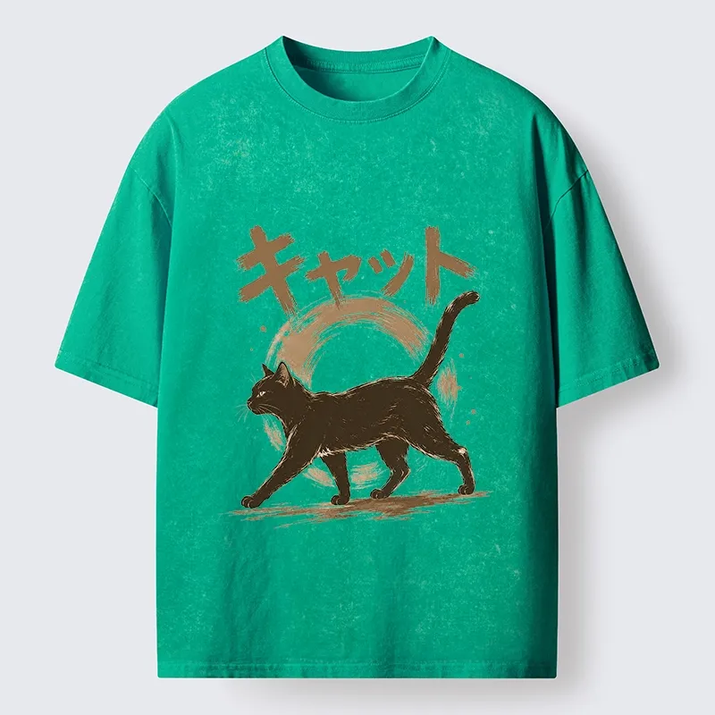 Tokyo-Tiger Retro Brush Stroke Black Cat Walking Washed T-Shirt