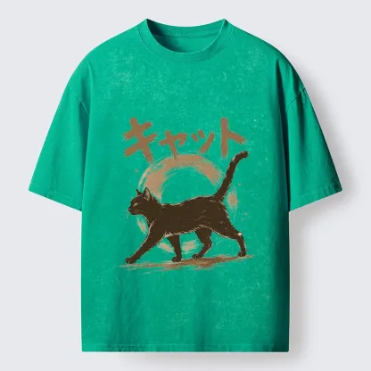 Tokyo-Tiger Retro Brush Stroke Black Cat Walking Washed T-Shirt