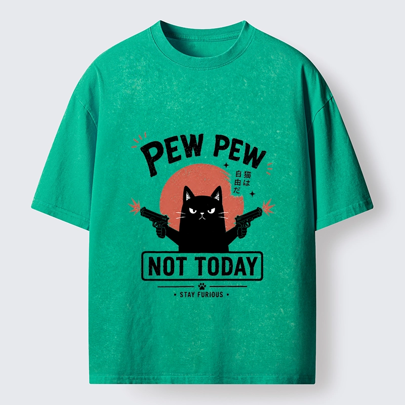 Tokyo-Tiger Not Today Black Cat Dual Pistols Mode Washed T-Shirt