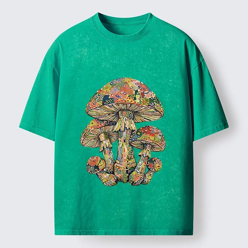 Tokyo-Tiger Tiny Black Cat Under Wild Rainbow Mushrooms Washed T-Shirt