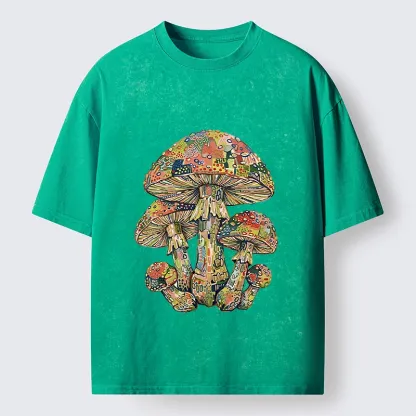 Tokyo-Tiger Tiny Black Cat Under Wild Rainbow Mushrooms Washed T-Shirt