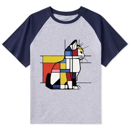Tokyo-Tiger Geometric Cat Art In Primary Colors Raglan T-shirt