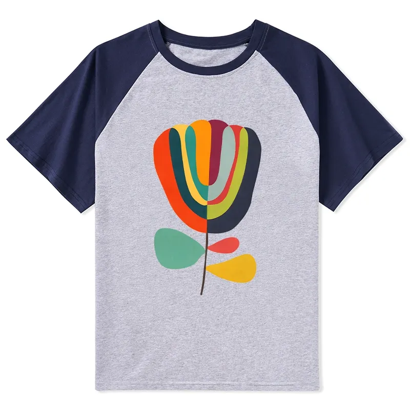 Tokyo-Tiger Colorful Flower Minimalist Print Raglan T-shirt