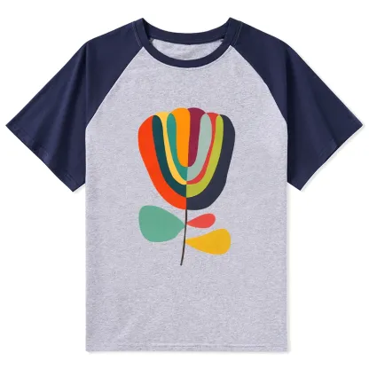 Tokyo-Tiger Colorful Flower Minimalist Print Raglan T-shirt