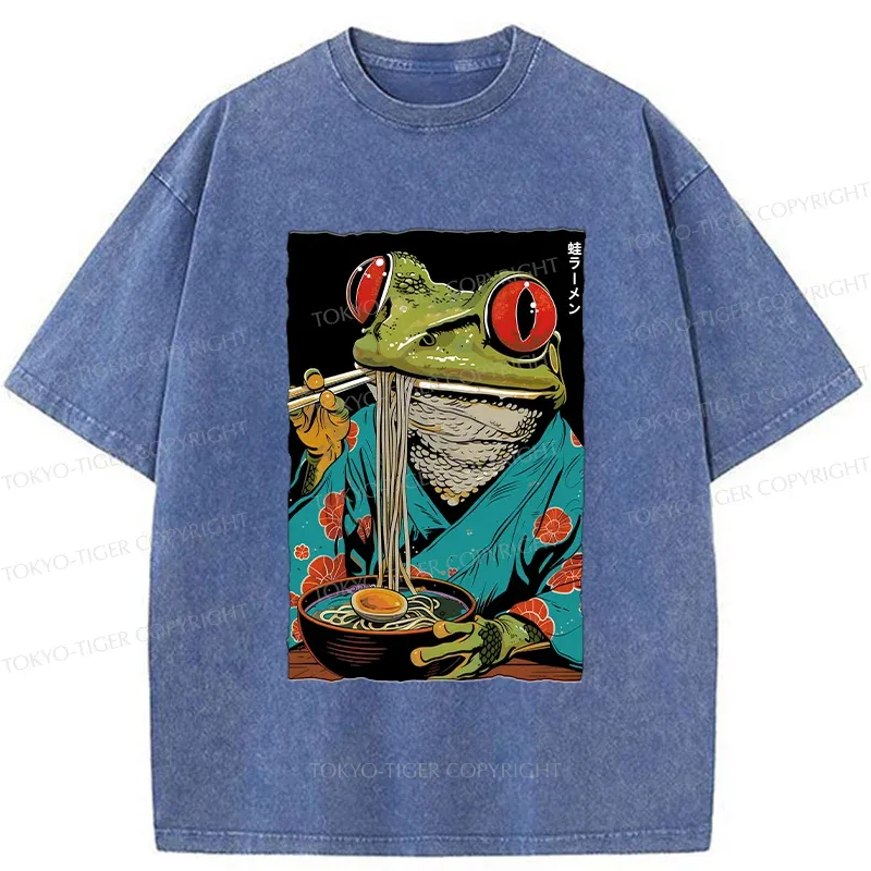 Tokyo-Tiger Frog Monster Eating Ramen Washed T-Shirt