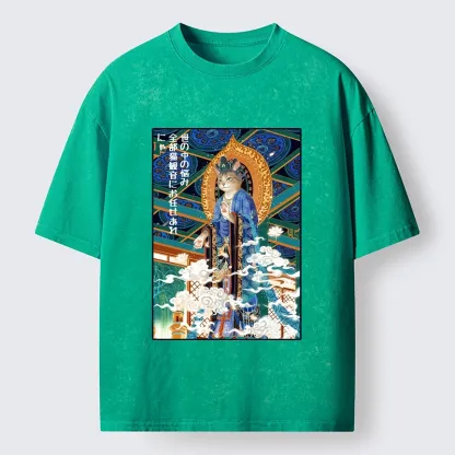Tokyo-Tiger Peaceful Cat Buddha Asian Graphic Washed T-Shirt