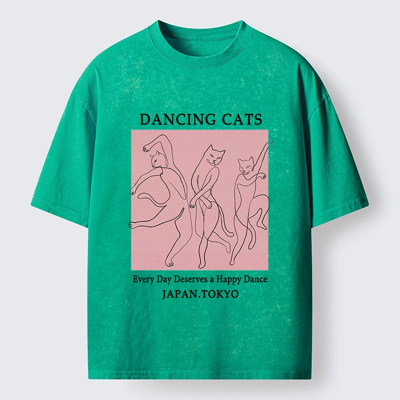 Tokyo-Tiger Happy Dance Cats Minimal Graphic Washed T-Shirt