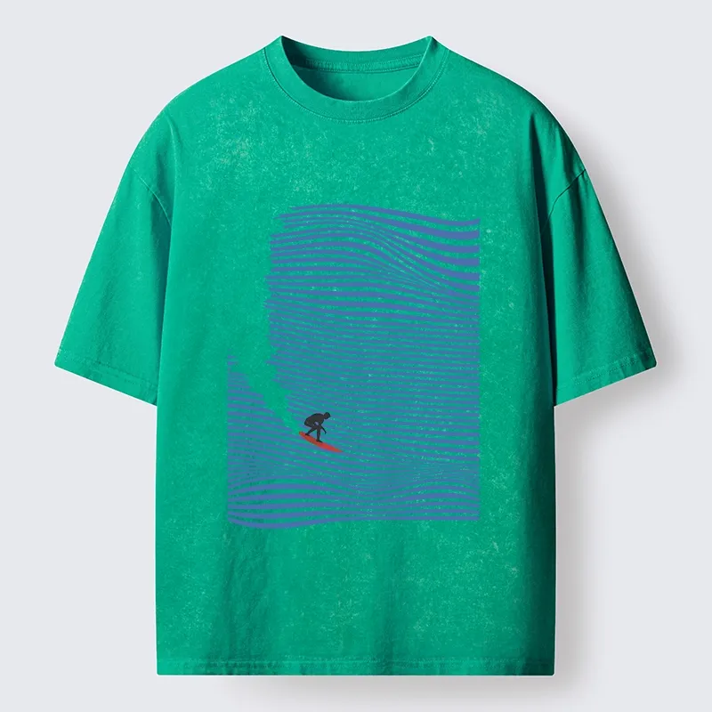 Tokyo-Tiger Ocean Line Surf Graphic Print Washed T-Shirt
