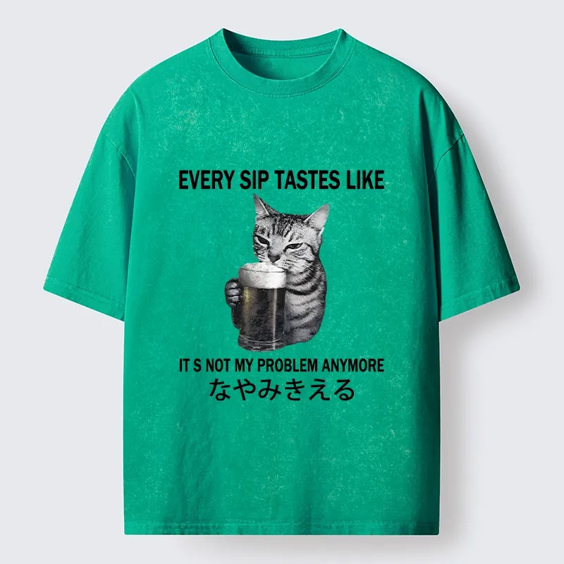 Tokyo-Tiger Chill Beer Cat Relax Graphic Washed T-Shirt