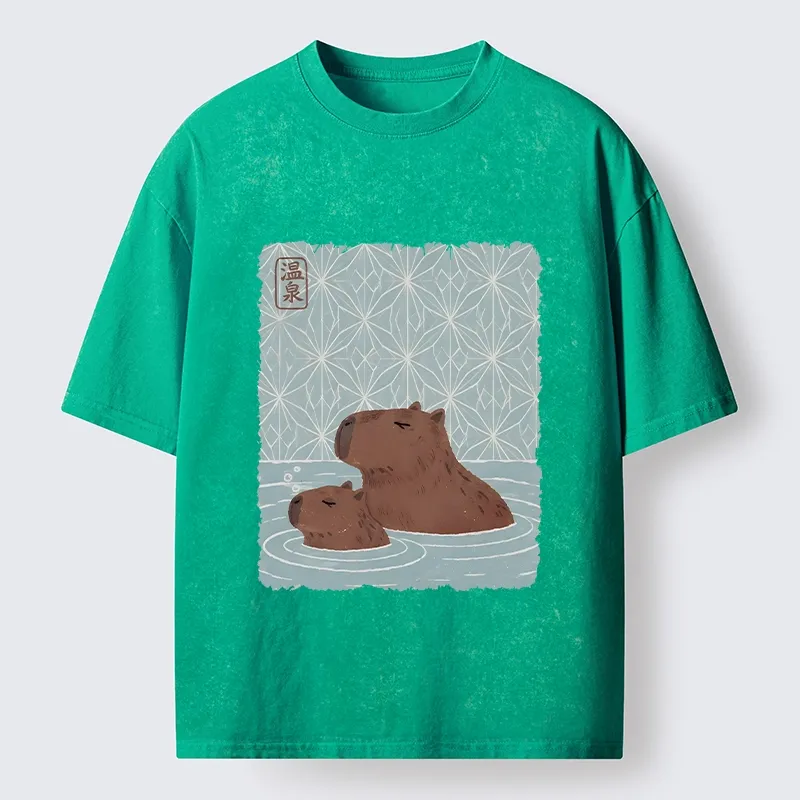 Tokyo-Tiger Onsen Capybara Calming Art Washed T-Shirt