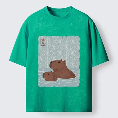 Tokyo-Tiger Onsen Capybara Calming Art Washed T-Shirt