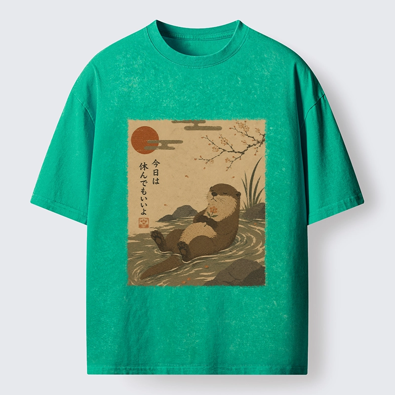 Tokyo-Tiger Floating Otter Relax Japanese Art Washed T-Shirt