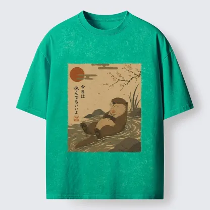 Tokyo-Tiger Floating Otter Relax Japanese Art Washed T-Shirt