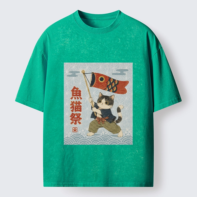 Tokyo-Tiger Koinobori Festival Cat Japanese Print Washed T-Shirt