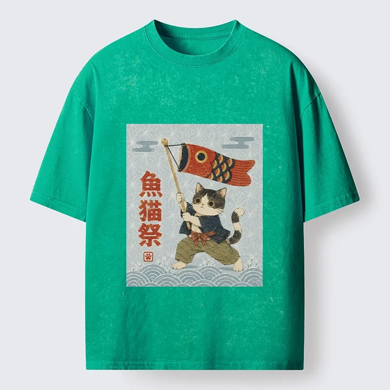 Tokyo-Tiger Koinobori Festival Cat Japanese Print Washed T-Shirt