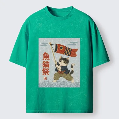 Tokyo-Tiger Koinobori Festival Cat Japanese Print Washed T-Shirt