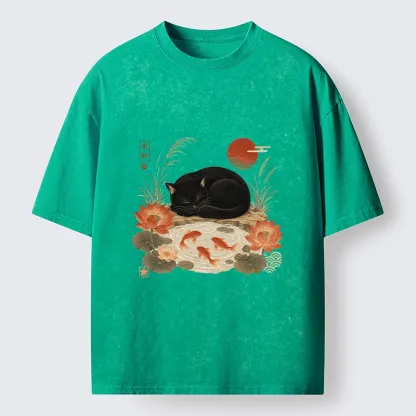Tokyo-Tiger Peace Lotus Black Cat Koi Art Washed T-Shirt