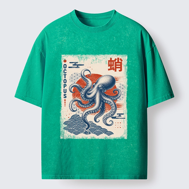 Tokyo-Tiger Vintage Japanese Octopus Wave Art Washed T-Shirt